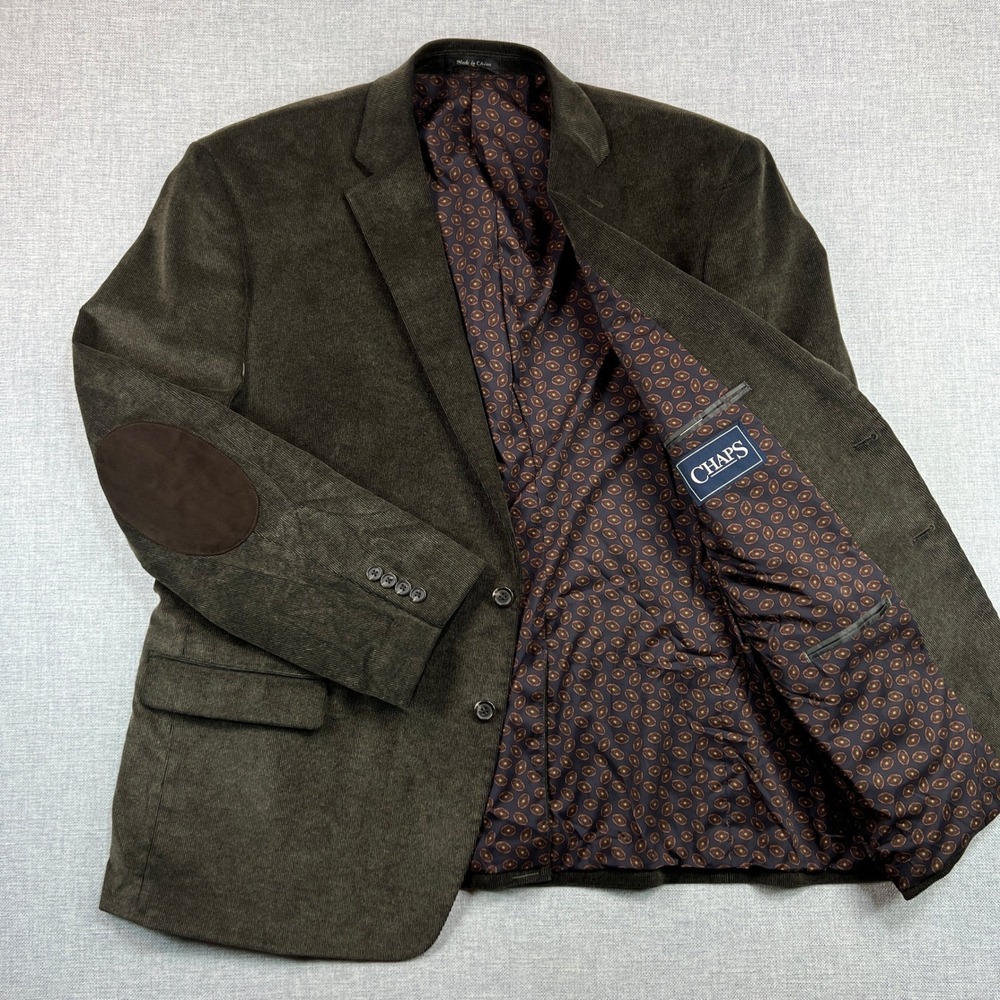 CHAPS Corduroy Sport Coat Blazer Men 50R Olive Brown Elbow Patch Academia Prep‎